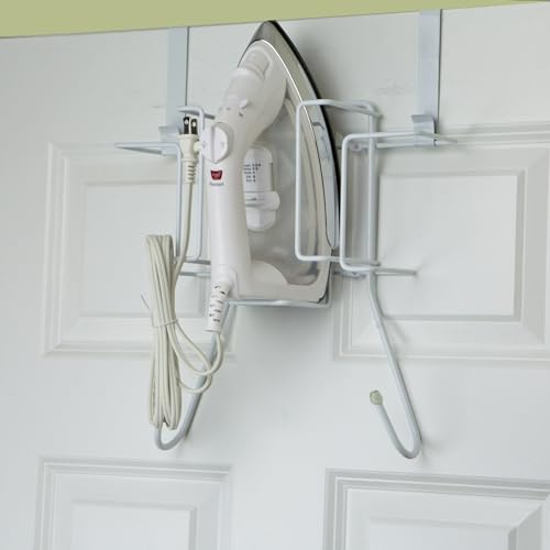 Sunbeam Laundry Room Metal Over the Door Hanging Ironing Board Holder and Organizer, Holds Standard Size Iron, Board, Spray Bottles, Starch, Fabric softener, White finish