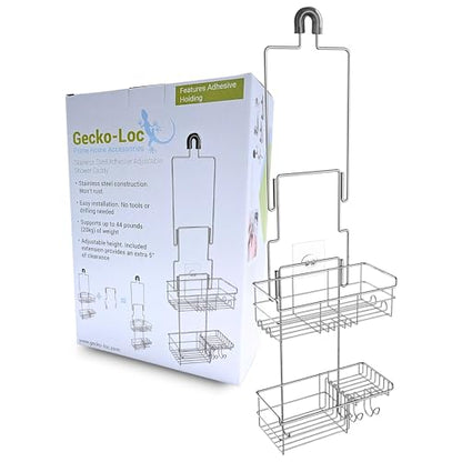 Extra-Long Adjustable Over-the-Showerhead Shower Caddy – Rustproof Stainless Steel Organizer with Suction Stabilizer, Deep Basket & Hooks – No-Drill, Tool-Free Installation (Silver)