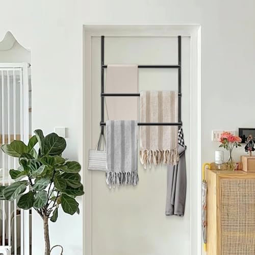 3-Tier Over The Door Towel Rack, All Metal Towel Rack with Hooks for Door Hanging, Behind Door Towel Bar Towel Storage Holder for Bathroom Accessories, Black (19.37" L x 5.9" W x 24.4" H)