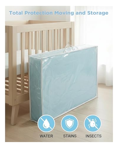 Mini Crib Mattress Bag for Moving and Storage, with Dual Zipper and Carrying Handles, 6 Mil Thick Clear Plastic Waterproof Mattresses Bag, Heavy Duty - Long Lasting, 38 x 24 x 4.3 Inch