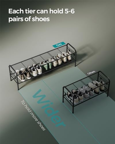 SONGMICS Shoe Rack, 2-Tier Shoe Organizer, Metal Shoe Shelf Storage with 4 Side Hooks, Holds 18 Pairs of Shoes, Height-Adjustable Shoe Rack for Entryway, Hallway, Closet, Ink Black ULMR121B01