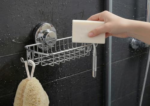 Soap Dish for Shower Suction Cup Powerful Vacuum System Rustproof 304 Stainless Steel Basket Sponges Holder with Razor Hooks for Bathroom or Kitchen Soap Holder (Silver)