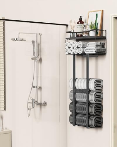 Aetyord Towel Racks for Bathroom 31inch Wall Mounted Towel Rack,Floating Shelf with Wood Plank,Towel Storage for Bathroom can Holds 6 Large Rolled Towels,All Black