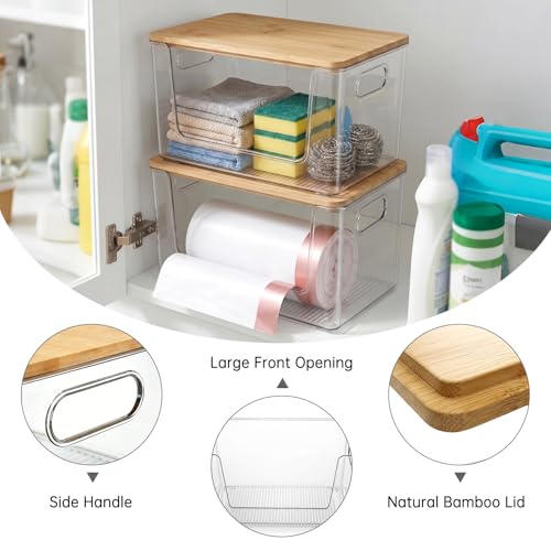 Trash Bag Holder 2 Pack, Stackable Garbage Bag Dispenser with Bamboo Lid, Large Capacity Under Sink Organizer for 13/30/33 Gallon Bags, Clear Storage Bins for Kitchen, Laundry Room, Pantry, Cabinet
