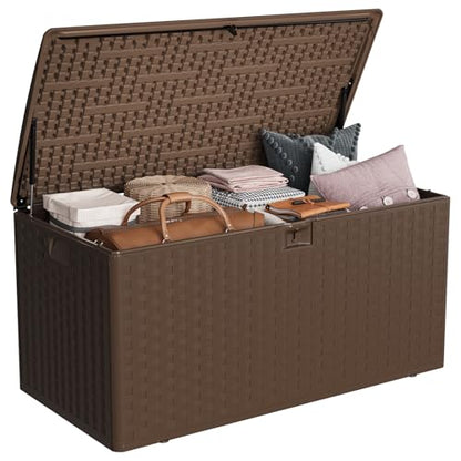 IDEALHOUSE 100 Gal Waterproof Blow Molded Resin Deck Box, Brown | Lockable Outdoor Storage Box with Hydraulic Piston & UV Resistant, Patio Cushion Container for Garden, Backyard, Pool