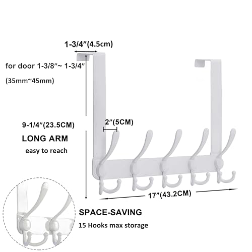 Over The Door Hook Hanger - Fits 1 3/8" to 1 3/4" Standard Doors | 5 Tri Hooks Heavy Duty Towel/Coat Rack | Door Organizer for Clothes, Jackets, Hats, Towels, White