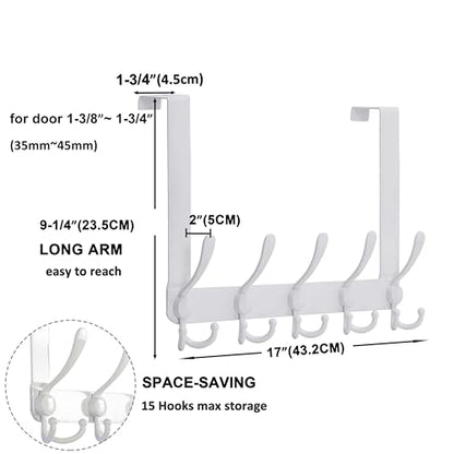 Over The Door Hook Hanger - Fits 1 3/8" to 1 3/4" Standard Doors | 5 Tri Hooks Heavy Duty Towel/Coat Rack | Door Organizer for Clothes, Jackets, Hats, Towels, White