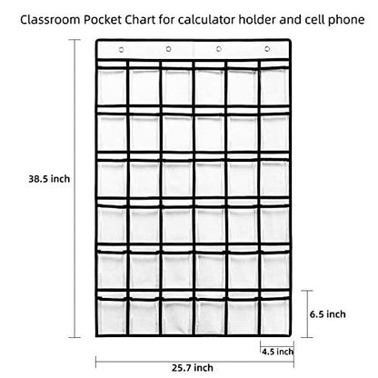 SAVERHO 36 Clear Pockets Classroom Pocket Chart for Cell Phones, Pocket Chart for Calculator Phone Holder with 36 Number Stickers and Hooks (White)