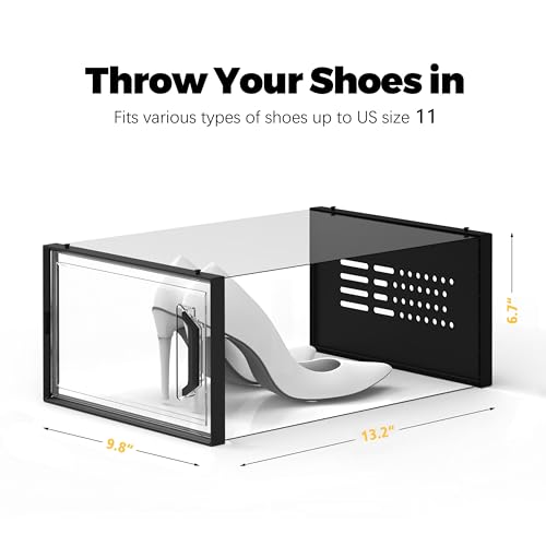 X-Large Shoe Storage Box Fit Size 11, Clear Plastic Stackable Shoe Organizer for Closet, Space Saving Sneaker Shoe Rack Containers Bins Holders for Entryway, Under Bed, 12 Pack Black