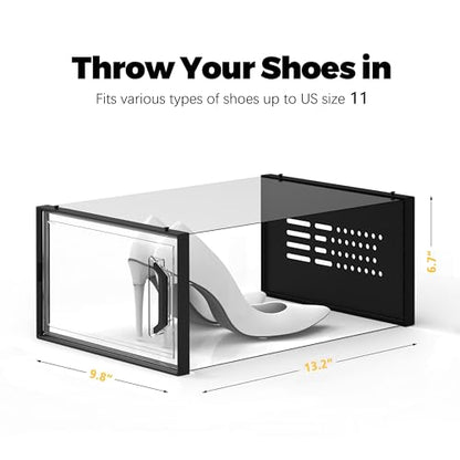 X-Large Shoe Storage Box Fit Size 11, Clear Plastic Stackable Shoe Organizer for Closet, Space Saving Sneaker Shoe Rack Containers Bins Holders for Entryway, Under Bed, 12 Pack Black