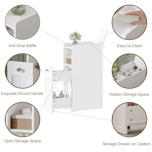 ChooChoo Slim Bathroom Storage Cabinet with Slide Out Drawers | Narrow Storage Organizer with Hidden Storage, Freestanding Toilet Paper Holder, Bathroom Cabinet for Small Places, White