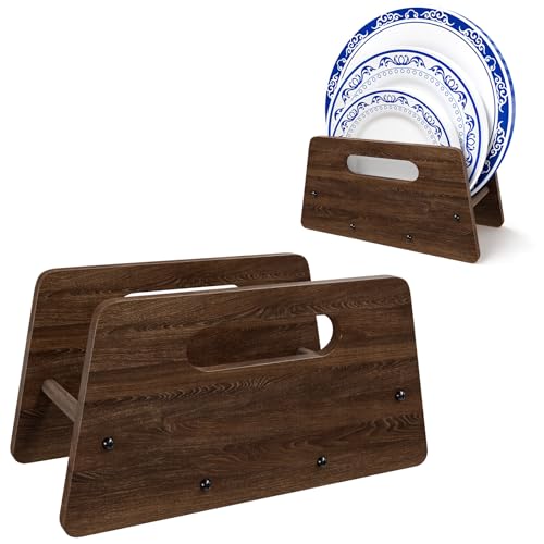 Wooden Disposable Plate Dispenser, Acacia Plate Holder for 5-12 Inches Paper Plastic Foam Plate Storage Organizer Rack Holder for Cabinet, Countertop, Rv or Outdoor Use (Black Acacia, 1PC)