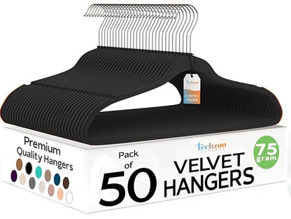 50 Pack New Premium Quality Velvet Hangers Ultra Thin Non Slip Adult Felt Space Saving Hangers for Closet Heavy Duty Coat Pants Jackets Dress Hangers 360° Swivel Hook Hold Upto 10 lbs Black