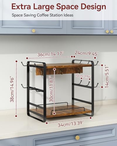 IBUYKE Kitchen Mug Cup Holder,2 Tier Coffee Bar Organizer,Brown TBJ006H | Coffee Bar Station Countertop Organizer Coffee Mug Stand with 18 Hooks,Multifunctional Mug Tree for Home Kitchen Office