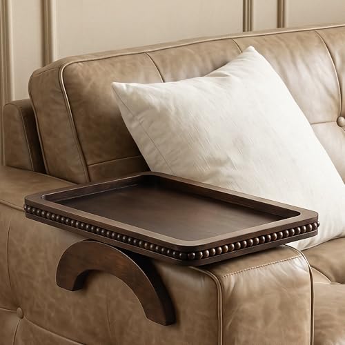 Couch Tray with Beads for Drink: Sofa Arm Tray for... (Brown | Wood)
