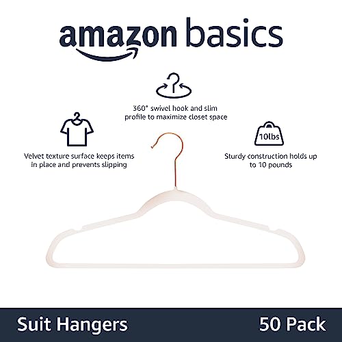 Amazon Basics Space Saving Slim Velvet Non-Slip Suit Clothes Hangers, Sturdy Construction, Closet Organizer, Pack of 50, Blush Pink/Rose Gold