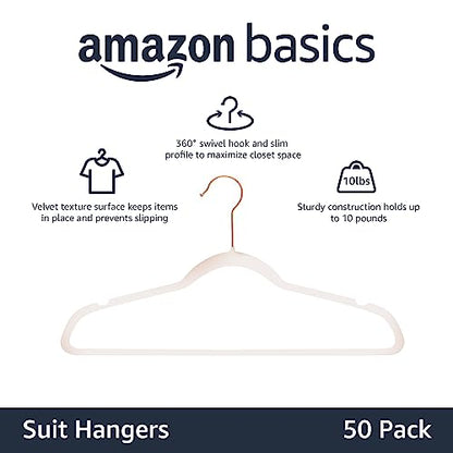 Amazon Basics Space Saving Slim Velvet Non-Slip Suit Clothes Hangers, Sturdy Construction, Closet Organizer, Pack of 50, Blush Pink/Rose Gold