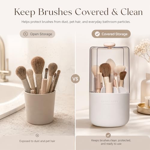 EACHY Makeup Brush Holder with Lid, 360° Rotating Vanity Organizer for Brushes, Dustproof Cosmetic Display Case, 7 Compartments, Waterproof Plastic (White)