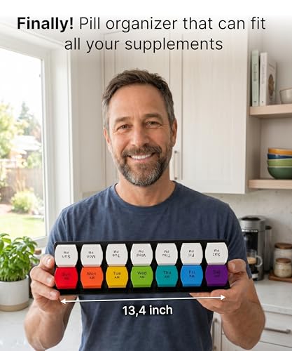 Extra Large Pill Organizer AM PM - Weekly Pill Box 7 Day for Big Vitamins & Supplements, Large Capacity Medicine Organizer with 7 Detachable Compartments, XL Pill Case for Seniors, Athlets, Caregivers