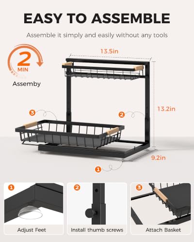 2-Pack 2-Tier Height Adjustable Under Sink Organizer & Storage | Multi-purpose storage for kitchen & bathroom cabinet. Large black shelf, height adjustable design for space-saving.