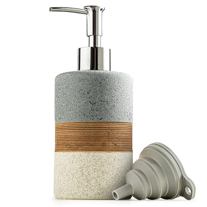 Ceramic Soap Dispenser Set for Hand Soap, Shampoo, Dish Soap, Conditioner, Bathroom & Kitchen, Stainless Steel Pump, Includes Silicone Funnel, 12 Oz, Non-Slip, Elegant Kitchen Decor, Gray