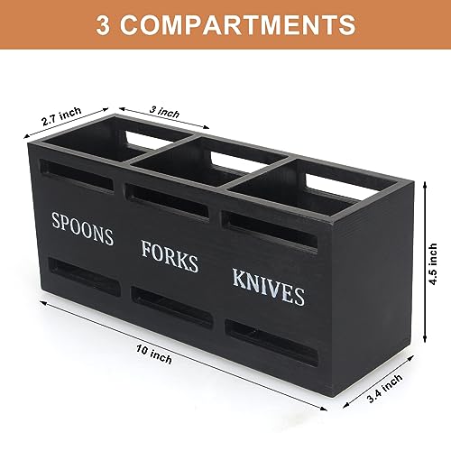 Wooden Silverware Caddy for Party Cutlery Utensil Holder Organizer Counter | Small Black Silverware Holder Table Wood Flatware Utensil Caddy Kitchen Countertop Decor Spoon and Fork Holder Cutlery Basket