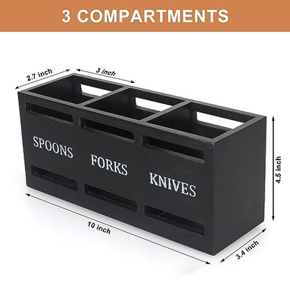 Wooden Silverware Caddy for Party Cutlery Utensil Holder Organizer Counter | Small Black Silverware Holder Table Wood Flatware Utensil Caddy Kitchen Countertop Decor Spoon and Fork Holder Cutlery Basket