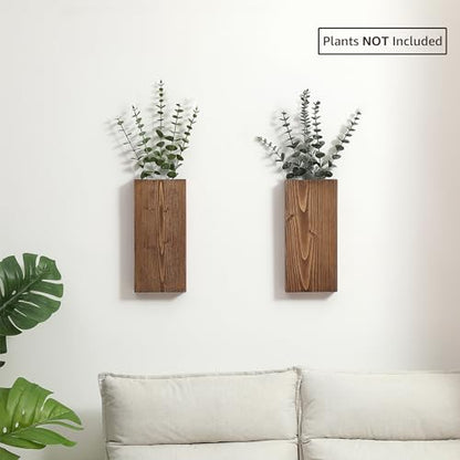 Wood Wall Planter Set of 2, Wood Wall Pocket for Greenery and Dried Flowers, Indoor Hanging Vase, Modern Farmhouse Wall Decor for Living Room Bedroom Office Eucalyptus Stems Decorations (Walnut)