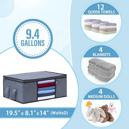 VENO 3 Pack Medium Clothes Storage Bag with Reinforced Handle 9.5 Gallon | Thick Container Bins Organizer for Blankets, Comforters, Bedding, Foldable w/ Sturdy Zipper, Clear Window, Grey(9.5 Gallon)