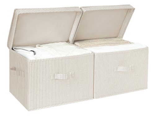 StorageWorks Fabric Storage Bins with Lid, Decorative Storage Boxes for Shelves, Stackable Closet Organizer Basket with Handles, Large, Khaki and Beige Stripes, 2-Pack