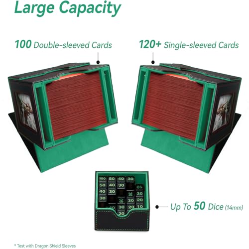 CMFYlive Card Deck Box for Commander Deck Box MTG Deck Box Fits 100 Double Sleeved Cards, Magic Commander TCG Card Storage Box with 2 Dividers,Drawstring Bag and 1 Toploader (Black/Green)