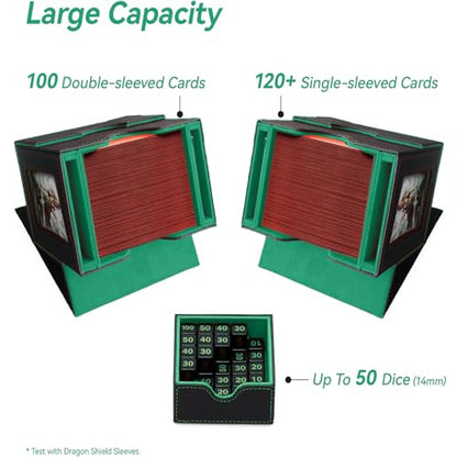 CMFYlive Card Deck Box for Commander Deck Box MTG Deck Box Fits 100 Double Sleeved Cards, Magic Commander TCG Card Storage Box with 2 Dividers,Drawstring Bag and 1 Toploader (Black/Green)