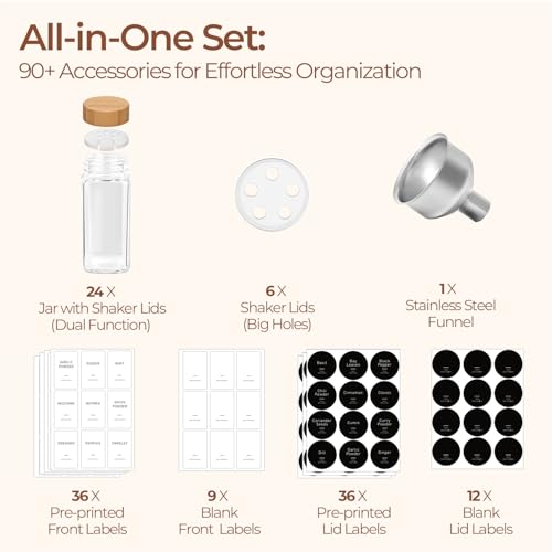 ComSaf Glass Spice Jars with with Labels 4 oz 24 Pack Bamboo Lids Bulk Set