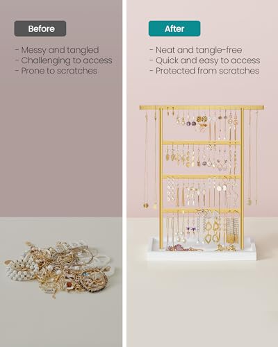 SONGMICS Jewelry Organizer, 4-Tier Earring Holder Organizer Stand with Base Tray, for Studs and Necklaces, Vintage, White and Gold Color UJJS019A01 | For Studs and Necklaces, Vintage, White and Gold Color, CAELEY Collection UJJS019A01