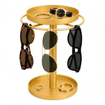 360° Rotating Sunglasses Organizer, 2-Tier with Jewelry Tray & Storage Base | Stainless Steel Glass Holder Stand, sunglasses storage for Multiple Sunglasses,Watches,Rings, Keys, Dresser, Desk, Nightstand