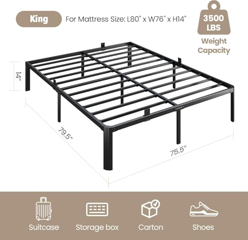 Metal Bed Frame King Size, 14 Inch Heavy Duty Platform Bedframe, Noise Free