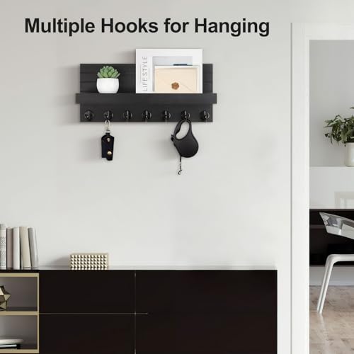 Lwenki Key Holder Wall Mount, Entryway Key and Mail Holder with 7 Sturdy Hooks for Sunglasses, Dog Leash, Decorative Wall Shelf with Mounting Hardware, 15”W x 6.7”H x 4.2”D