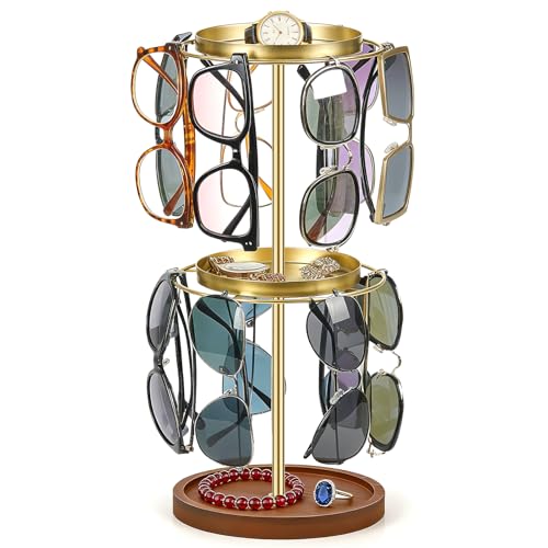 360° Rotating Double-layer Sunglasses Organizer - Stainless Steel Glasses Holder for Multiple Eyeglasses with Tray, Space-Saving Eyewear Storage Stand (Gold)