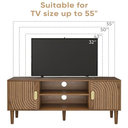 Smuxee Walnut TV Stand with Line Groove Design, 47.2" Mid Century Modern TV Media Console for TVs up to 55", TV Cabinet with Adjustable Shelf & 2 Cabinets for Living Room