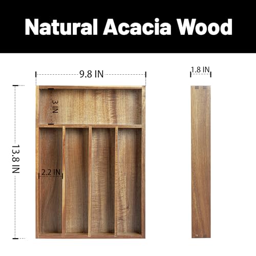 KITEISCAT Acacia Wood Silverware Organizer, Kitchen Utensil Drawer Organizer for Forks, Knives & Spoons, 5-Compartment Cutlery Tray, Flatware Holder