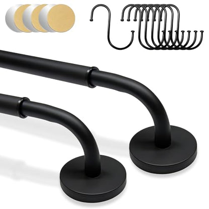 2 Pack Magnetic Curtain Rod for Metal Door, Adjustable 16 to 30 Inch, 1/2 Inch Diameter, French Door Magnetic Curtain Rods with Hooks (Black)
