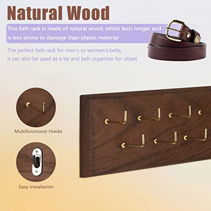 Belt Organizer, Wall Mounted Hanger for Closet, Brown | Wooden Belt Hanger Tie Hanger Space Saving Holds Over 28 Belts, Wooden Rack for Tie and Scarf Storage