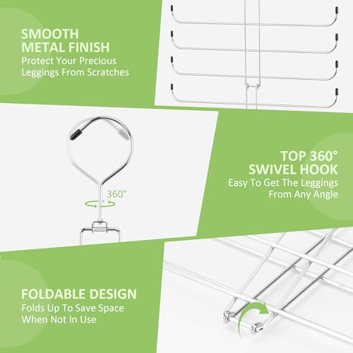 2 Pack Legging Hanger, Metal Hanging Legging Hangers for Closet Organizer Holds 40 Women's XS-XL & Girls' Leggings, 360° Rotating Foldable Yoga Pants Hangers Space Saving, Silver