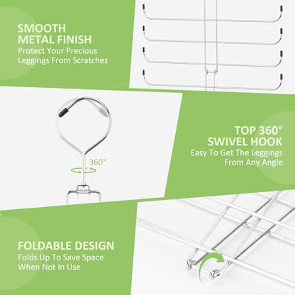 2 Pack Legging Hanger, Metal Hanging Legging Hangers for Closet Organizer Holds 40 Women's XS-XL & Girls' Leggings, 360° Rotating Foldable Yoga Pants Hangers Space Saving, Silver