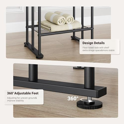 3 Tier Freestanding Towel Rack with Shelf, 40" H Towel Stand, Black | Metal Drying Rack for Oversized Bath Towels & Blankets, 4 Hooks, Indoor & Outdoor Use, Fits Bathroom, Tub, Shower, Poolside