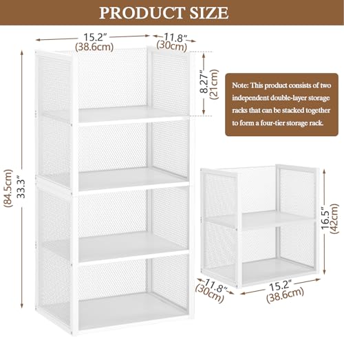 4-Tier Stackable Closet Organizers and Storage Basket, Wire Clothes Shelf Organizer Bins, Sweater Storage for Wardrobe Cupboard, Multifunctional Cube Storage Box for Kitchen Bath Laundry Room, White