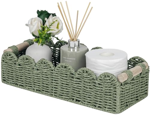 CubesLand Scalloped Toilet Paper Storage Basket W/Handle for Home Decor | Paper Rope Toilet Organizer Basket for Countertop, Over Toilet Shelf, End Table, Living Room Cozy Decorative & More, Green