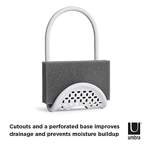Umbra Sling Flexible Sink Caddy, Elastic Non-Slip Sponge Holder, White | Rubber material, perforated base for drainage, prevents moisture buildup, fits faucet necks, easy rinse clean