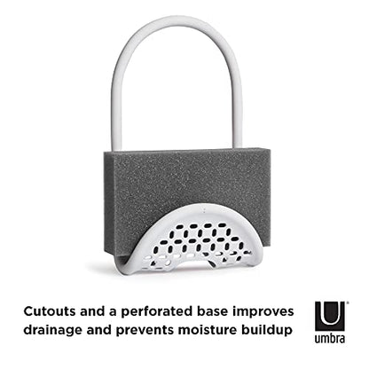 Umbra Sling Flexible Sink Caddy, Elastic Non-Slip Sponge Holder, White | Rubber material, perforated base for drainage, prevents moisture buildup, fits faucet necks, easy rinse clean