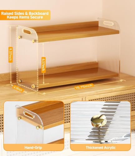 2 Tier Coffee Station Organizer - Acrylic & Pine Wood -15.75" x6.18" x9.37" | Easy-to-Clean coffee bar shelf, Matcha Station for Kitchen Countertops, for Placing Mugs, Coffee Beans, Syrup, Cups etc.